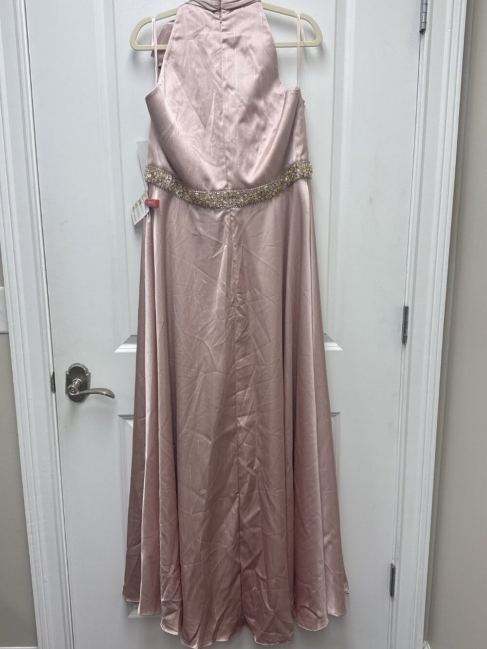 Mac Duggal Size 16 W Pink Evening Gown Formal Maxi Dress Halter Beaded Waist NWT - Picture 7 of 12